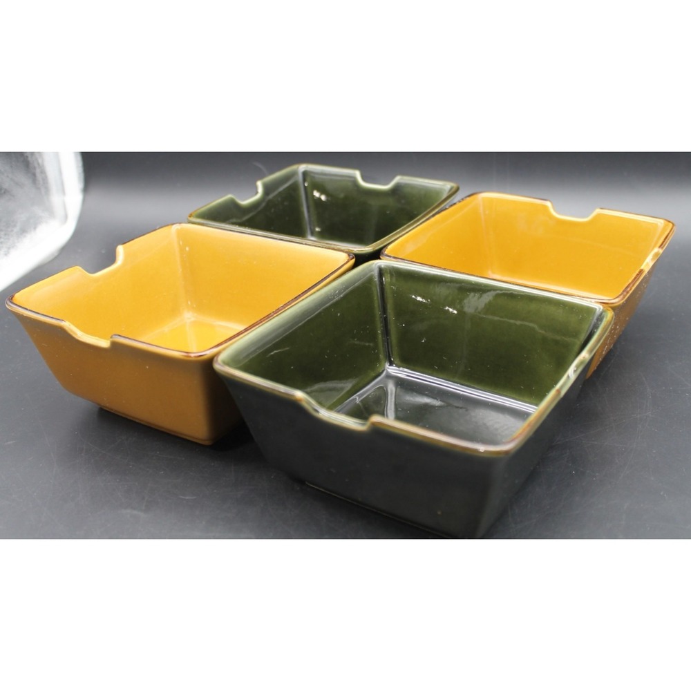 Pottery Barn Asian Square Stoneware Bowls Set of 4 Japan Green Mustard 6"